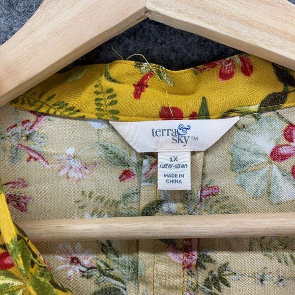 Terra & Sky Blouse Women 1X Plus Yellow V-Neck Tie Up Long Sleeve Rayon Casual - Picture 5 of 9